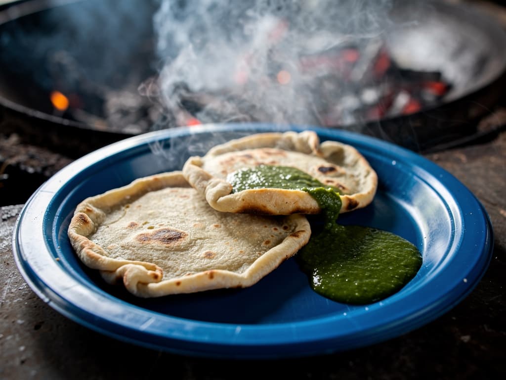 Two memelas on a blue plastic plate, salsa verde pooled in the pinched edge, comal smoke in the background