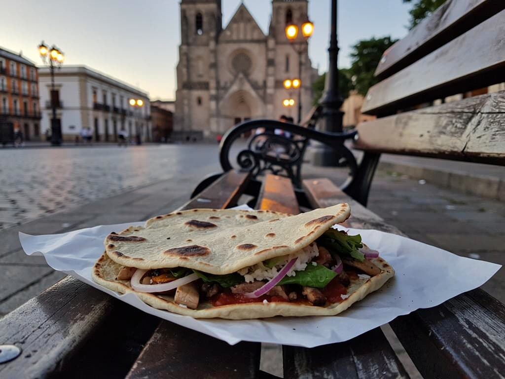 Tlayuda folded on paper, bench near cathedral, evening light