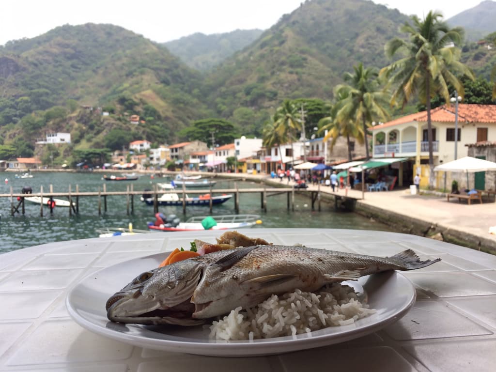 Fish fillet with rice at plastic table near the harbor
