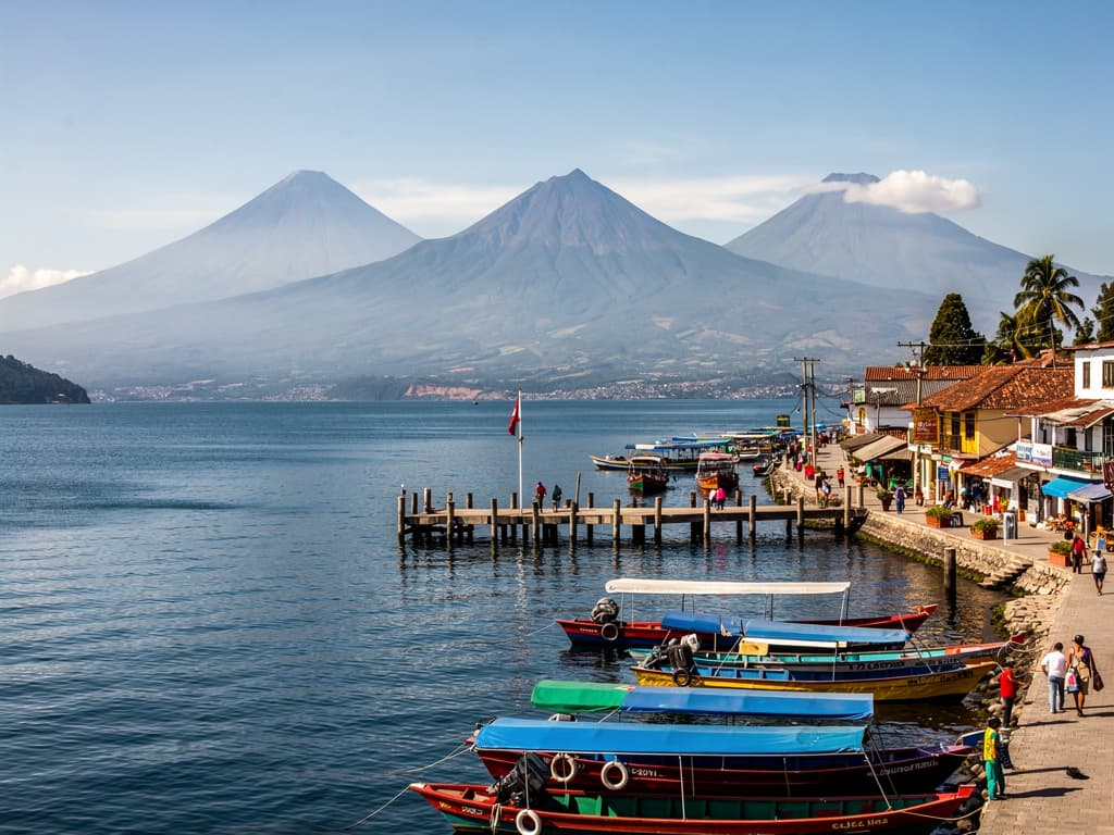 Volcanoes across Lake Atitlán, clear afternoon, lanchas at the pier