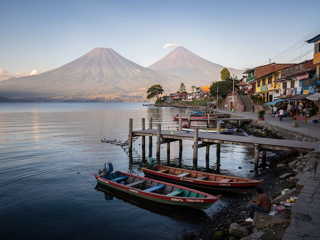 Lake Atitlán from the pier, two lanchas tied near the shore, volcanoes clear across the water in the afternoon light