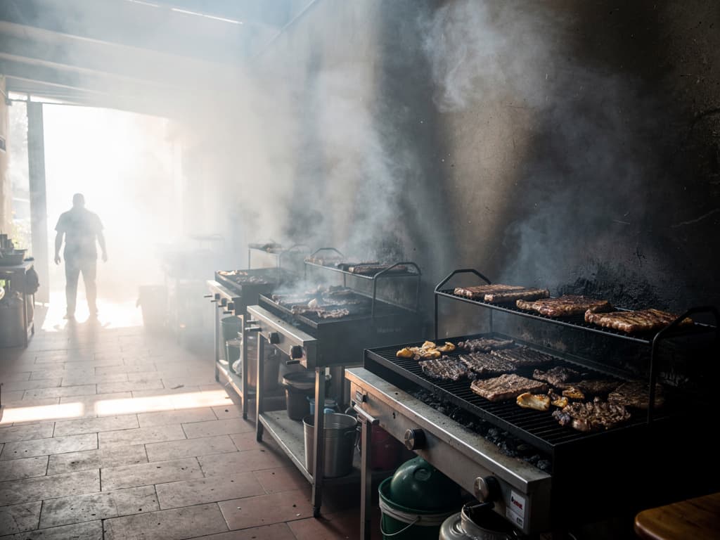 Pasillo de humo, mid-morning, ten grills running, smoke thick enough to navigate by