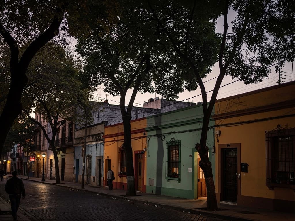 Roma Norte side street at dusk, trees and low painted buildings, no famous landmark postcard