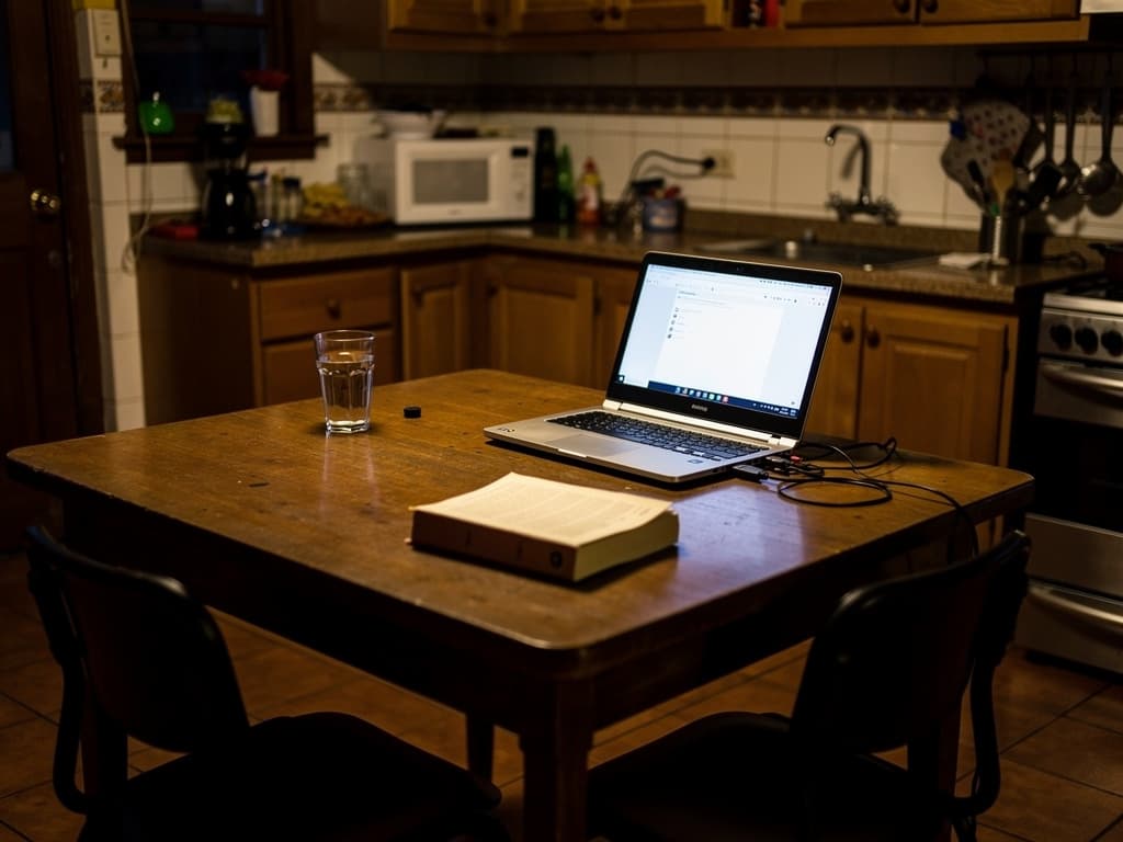 Hostel kitchen table in Roma Norte, leftover Wi-Fi, a paperback, no one at the chair