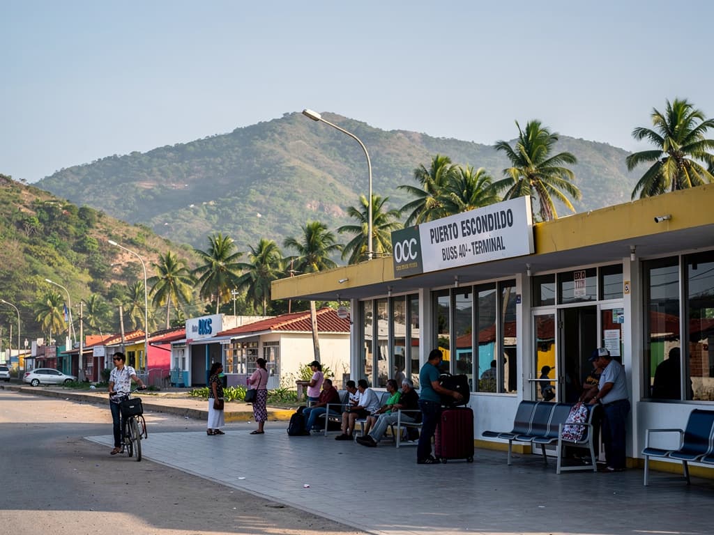 OCC bus terminal Puerto Escondido, afternoon arrival, people waiting