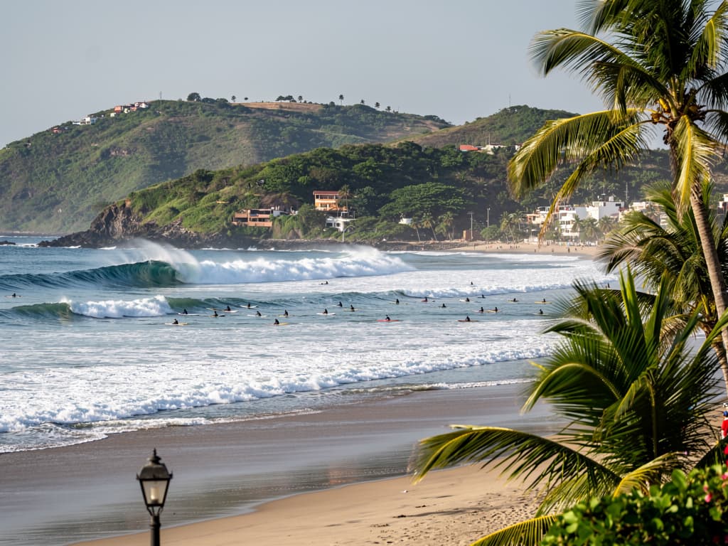 Zicatela beach, big waves, surfers paddling out, palms in frame