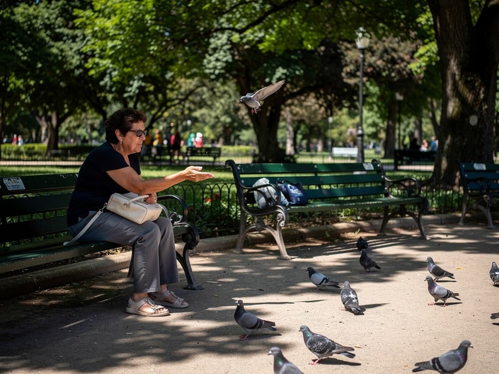 Parque Labastida benches in midday shade, woman feeding pigeons