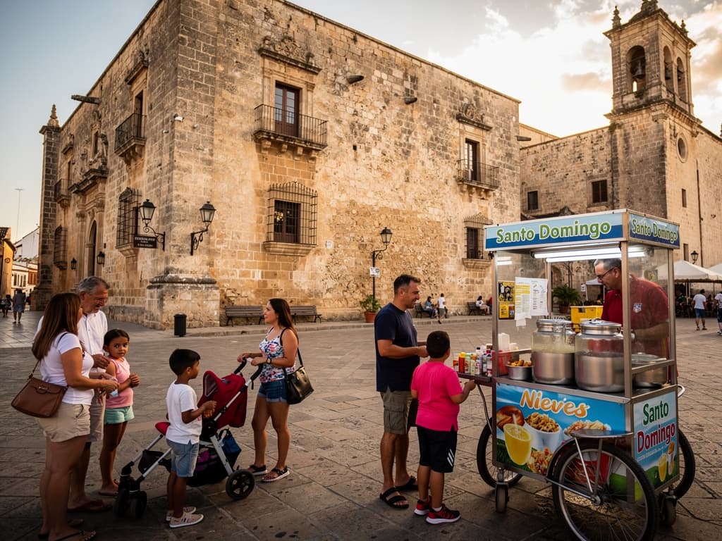 Santo Domingo square, afternoon light on stone, families and a nieves cart