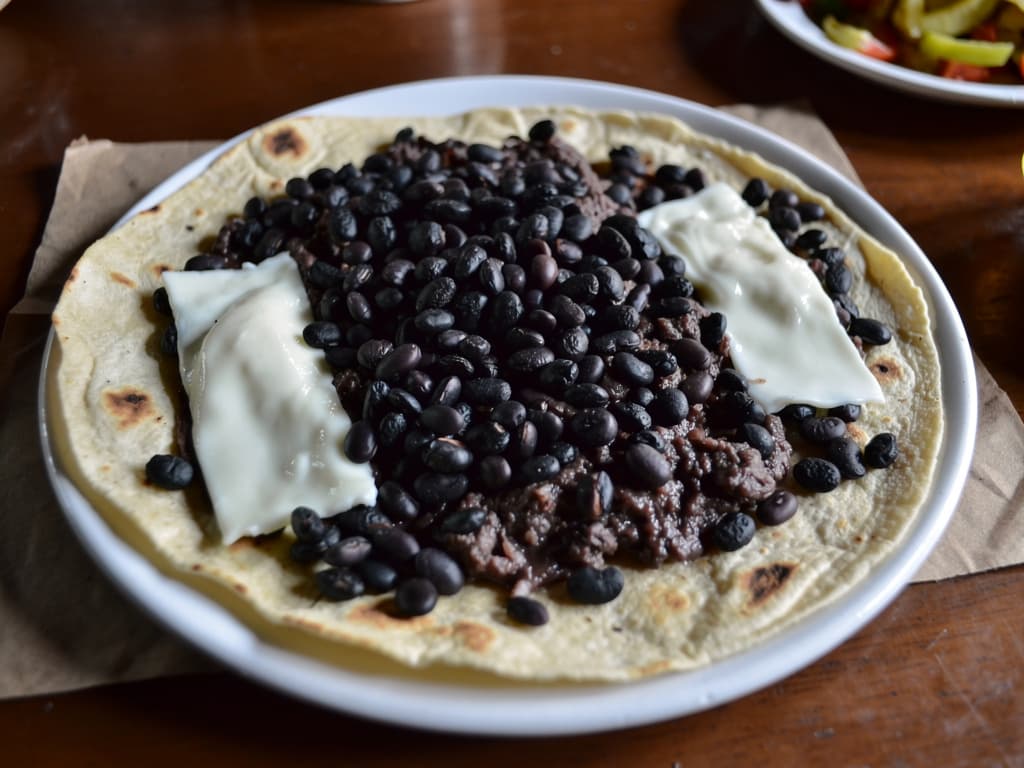 Tlayuda plate, full-size, black beans and quesillo, stand on Trujano