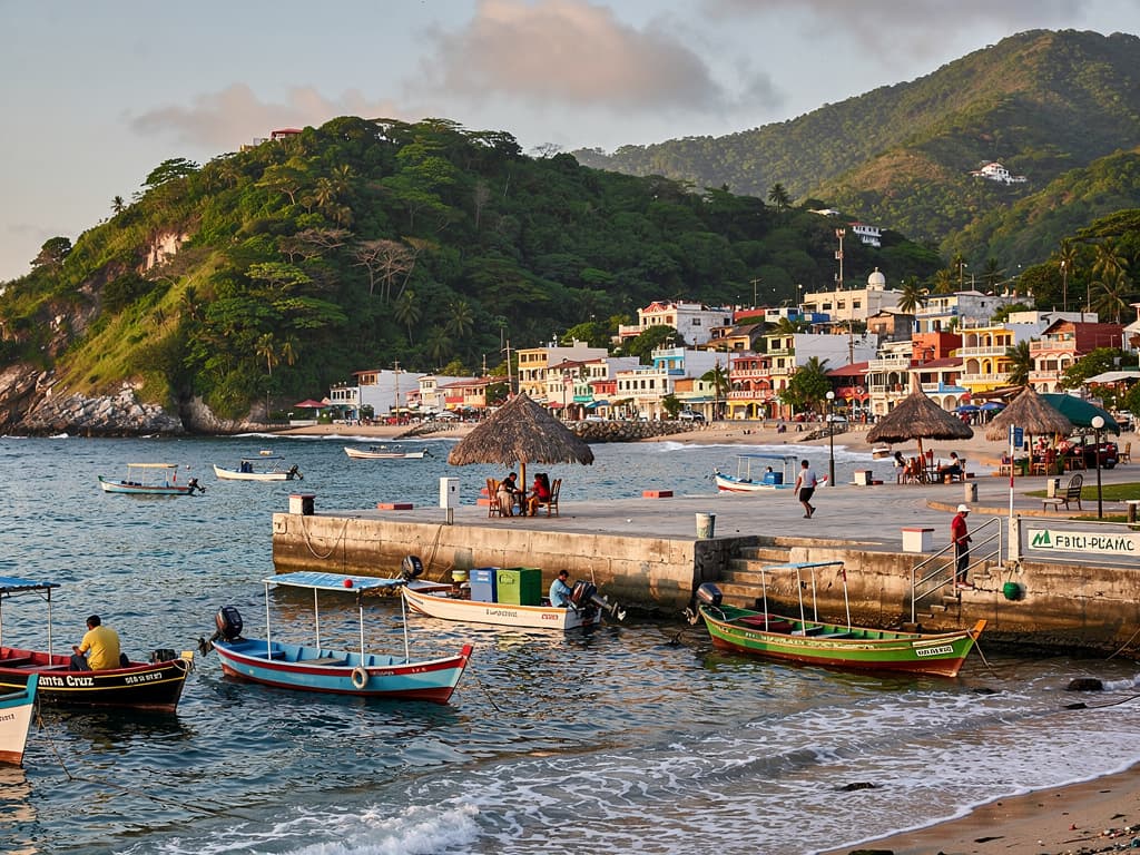 Bahía Santa Cruz, Huatulco, Oaxaca: small open pangas at a concrete pier, green hills close behind the bay, palapas on the shore, Pacific late afternoon. Workin