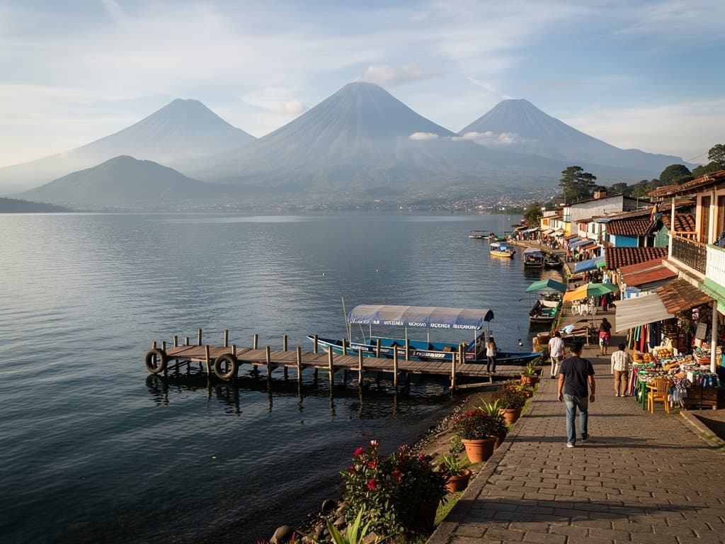 Lake Atitlán from the shore path, three volcanoes visible across the water in morning light